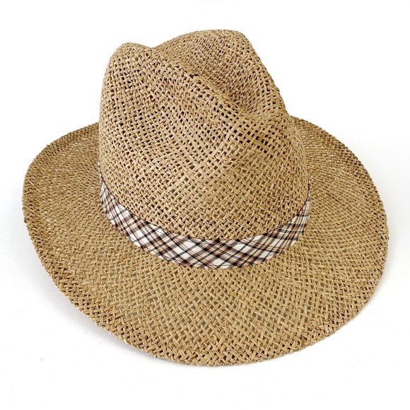 Quality Straw wide brim fedora hat with plaid band size medium - Picture 1 of 5